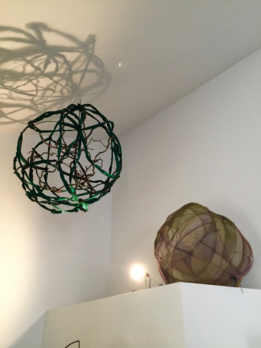 Wire mesh, cotton ribbon, wood, acrylic paint