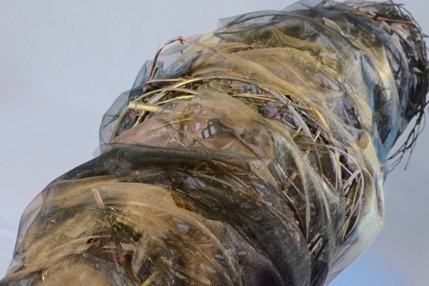 Wire mesh, wood, metallic paint