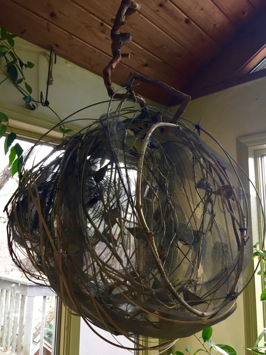 Wood, wire mesh, leaves, acrylic paint